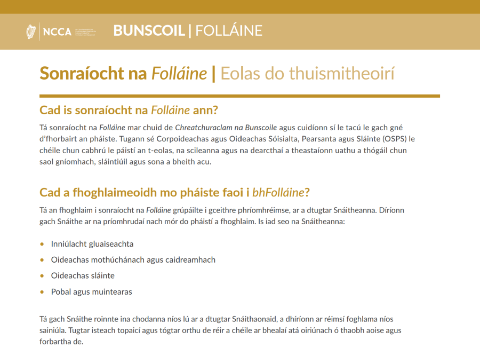 Clúdach Doiciméad Faisnéise Folláine do Thuismitheoirí